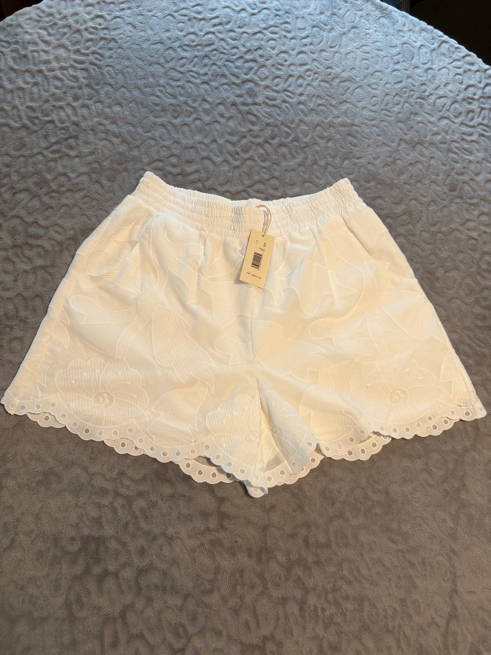 Magaschoni White Eyelet Floral High-Waist Scalloped Shorts